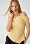 Rehinga Women's 100% Cotton Waist-Fitted Asymmetrical Collar Regular Fit Short Sleeve Yellow Blouse - 4