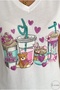 Women's White Teddy Bear Heart Flower Sequin Sequin Embroidered V-Neck 100% Cotton T-Shirt - 4