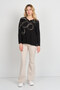 Women's Long Sleeve Silvery Patterned V-Neck Mother Blouse 5743 Black - 2
