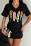 Women's Black V-Neck Large Size Feather Pattern Sequin Embroidered 100% Cotton Large Size T-Shirt - 3