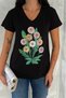 Women's Black V-Neck Floral Sequin Sequin and Embroidery Embroidered 100% Cotton T-Shirt - 3