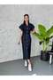 Button Detailed Side Zippered Navy Blue Denim Dress – Stylish Design 7279