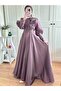 Rose detailed balloon sleeve lined evening dress -lilac