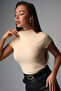 Cotton Half Turtleneck Women's T-Shirt Slim Fit Short Sleeve Beige - 5