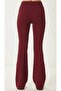 Burgundy High Waist Belted Spanish Wide Leg Scuba Crepe Fabric Leggings - 3
