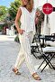 Beige Striped Washed Elastic and Tie Waist Pipe Leg Loose Woven Trousers 0 0 - 2