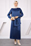 Navy Blue Front Tie Tunic Skirt Satin Suit