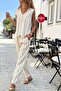 Beige Striped Washed Elastic and Tie Waist Pipe Leg Loose Woven Trousers 0 0 - 5