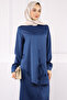 Navy Blue Front Tie Tunic Skirt Satin Suit - 4