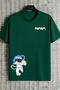 Unisex Nasa Astronaut Printed Relaxed Fit Green T-Shirt