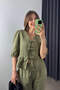 Khaki Lace-Up Blouse Loose Wide Leg Muslin Pants Set - 5