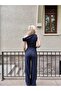 Navy Blue Shoulder Detail Elastic Waist Suit - 5