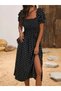 Women's Short-Sleeve Geometric Neck Slit Polka Dot Midi Knit Crepe Dress