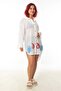 White Color Linen Woven Dolphin Fish Pattern Long Sleeve Kimono Beach Dress - 7