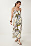 Patterned Straps Comfortable Viscose Dress White Khaki Lrg0018 - 4