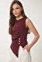 Buttoned Gathered Asymmetrical Cut Knitted Blouse Bordo Lfw0006 - 2