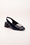 Large Size Women's Short Heeled Shoes Navy Blue Square Stone Open Heel - 4