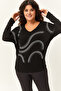 Women's Plus Size Silver Stone Printed Bat Sleeve Black Blouse - 2