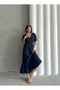 Women's Navy Blue Double Breasted Collar Gimped Muslin Dress - 6