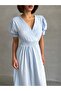 Women's Blue Double Breasted Collar Gimped Muslin Dress - 4