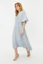Blue Belted Half Balloon Sleeve Linen Look Woven Shirt Dress TCTSS24EB00014 - 2