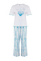 Beyaz-Mavi Çizgili Baskılı Baby Overlok Detaylı Üst Örme Alt Viskon Dokuma Pijama Takımı THMSS25PT00141 - 6