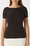 Women's Velvet Boat Neck Lux Touch Soft Texture Short Sleeve Coffee Blouse - 7