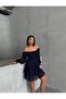 Women's Navy Blue Gimped Skirt Layered Lined Chiffon Dress - 3