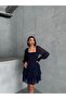 Women's Navy Blue Gimped Skirt Layered Lined Chiffon Dress - 4