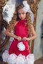 Girl's Stand-Up Collar Pearl Detail Zero Sleeve Skirt 3D Rose Embroidered Slim Cut Fuchsia Dress - 3
