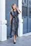 Women's Midi Length Dress with Patterned Collar Low Shoulder Double Sleeve Belt (Leather Belt Included)-Anthracite Leopa