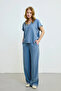 V-Neck Relaxed Cut Blouse - Blue - 2