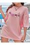 Pink Coffee Printed Women's Pink Oversize Salas Boyfriend T-shirt Top Blouse - 4