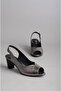 Seç 0318 Genuine Leather Heel Sandals (7cm) Platinum - 7