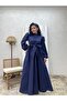 Hijab Navy Blue Big Bow Poplin Flared Dress - 2