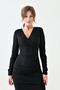Flexible Diving Fabric Slit Detailed Midi Length Double Breasted Collar Long Sleeve Black Dress 6031 - 2