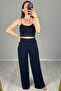 Women's Navy Blue Elastic Waist Lycra Palazzo Trousers - 3