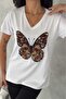 Women's White V-Neck Butterfly Pattern Sequin and Embroidery Embroidered 100% Cotton T-Shirt - 3