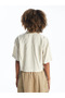 Beige Plain Short Sleeve Crop Women's Shirt - 2