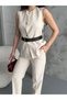 Women's Beige Vest and Pants Belted Two-Piece Set - 6