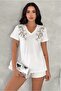 Women's White V-Neck Shoulders Floral Pattern Sequin Sequin and Embroidery Embroidered 100% Cotton T-Shirt - 7