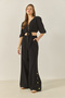 Women's Black Tie-Detail Blouse Lined Buttoned Cuffed Trousers Lined Top and Bottom Set 9266 60281046 - 5