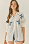 Women's White Blue Leaf Bead Embroidered Aerobin Oversize Shirt 60283024 - 4