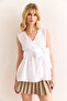 Women's White Double Breasted Collar Belted Woven Blouse Blz-19002914 - 3