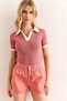 Women's Dusty Rose White Polo Collar Color Detailed Stretchy Cotton Blouse Blz-19002920 - 3