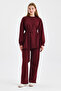 Burgundy Belted Basic Sweat Pants Suit - 3