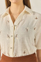 Women's Ecru Daisy Embroidered Short Sleeve Linen Shirt Mg4827 60283244 - 7