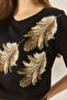 Women's Black Shoulder Leaf Patterned Bead Embroidery Detailed Comfortable Fit Cotton T-Shirt 1850 60283283 - 6