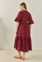 Women's Burgundy V-Neck Belted Skirt with Pockets and Flounce Detail Loose Dress 8406 60283256 - 8