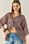 Women's Purple Beige V-Neck Half Sleeve Patterned Printed Shirt 6652 60283258 - 4